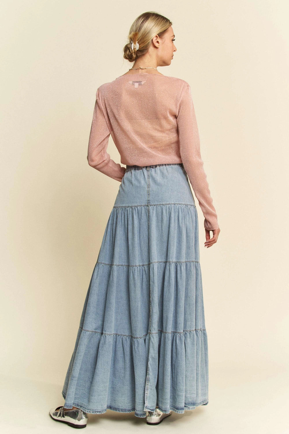Denim Button Front Ruffle Hem Denim Maxi Skirt