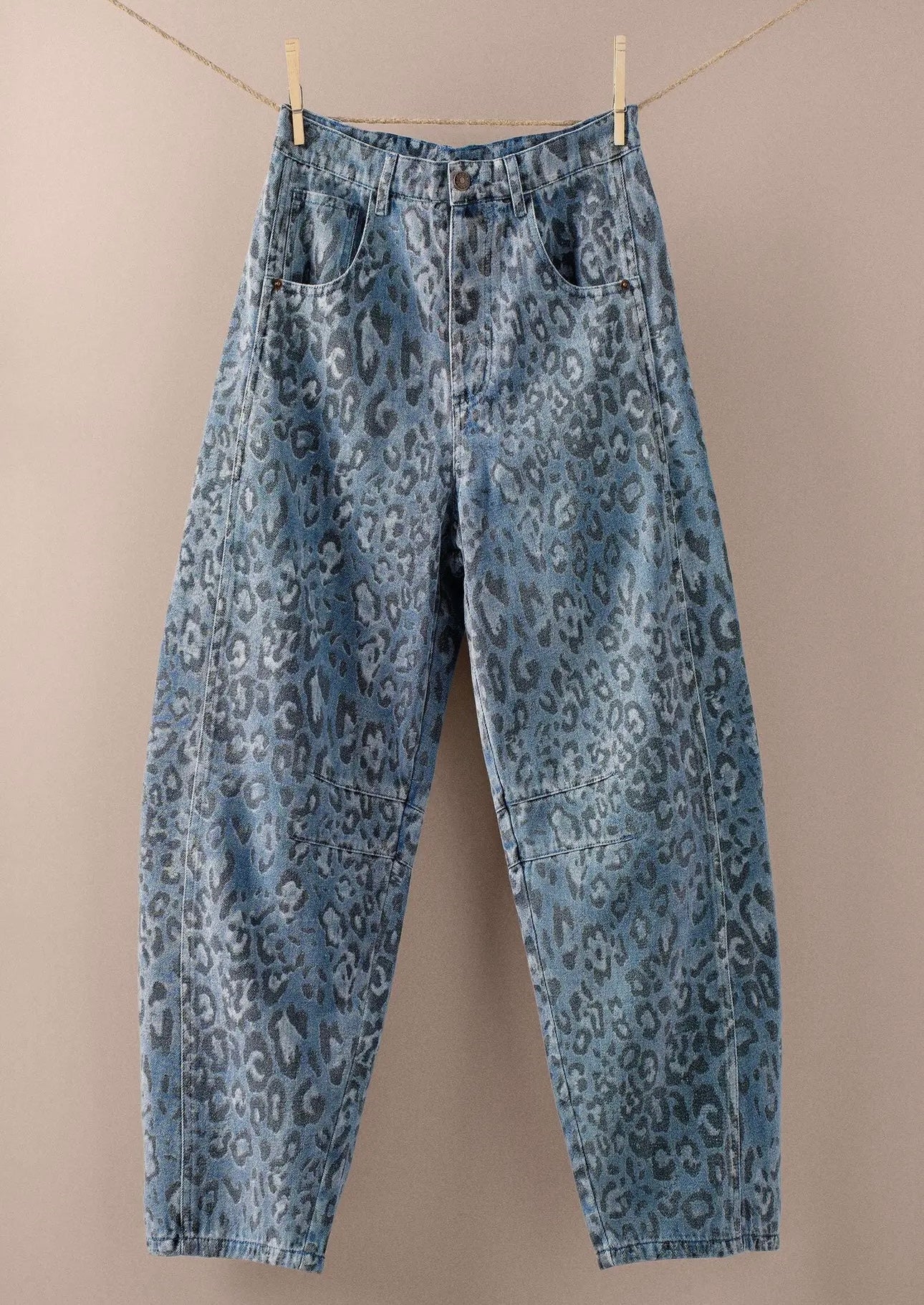 Blue Leopard Print Denim Barrel Jeans