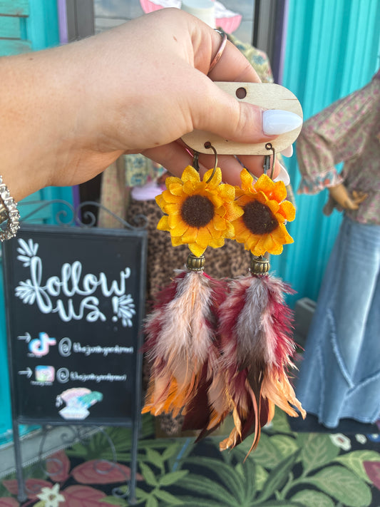 Sunflower feather earrings