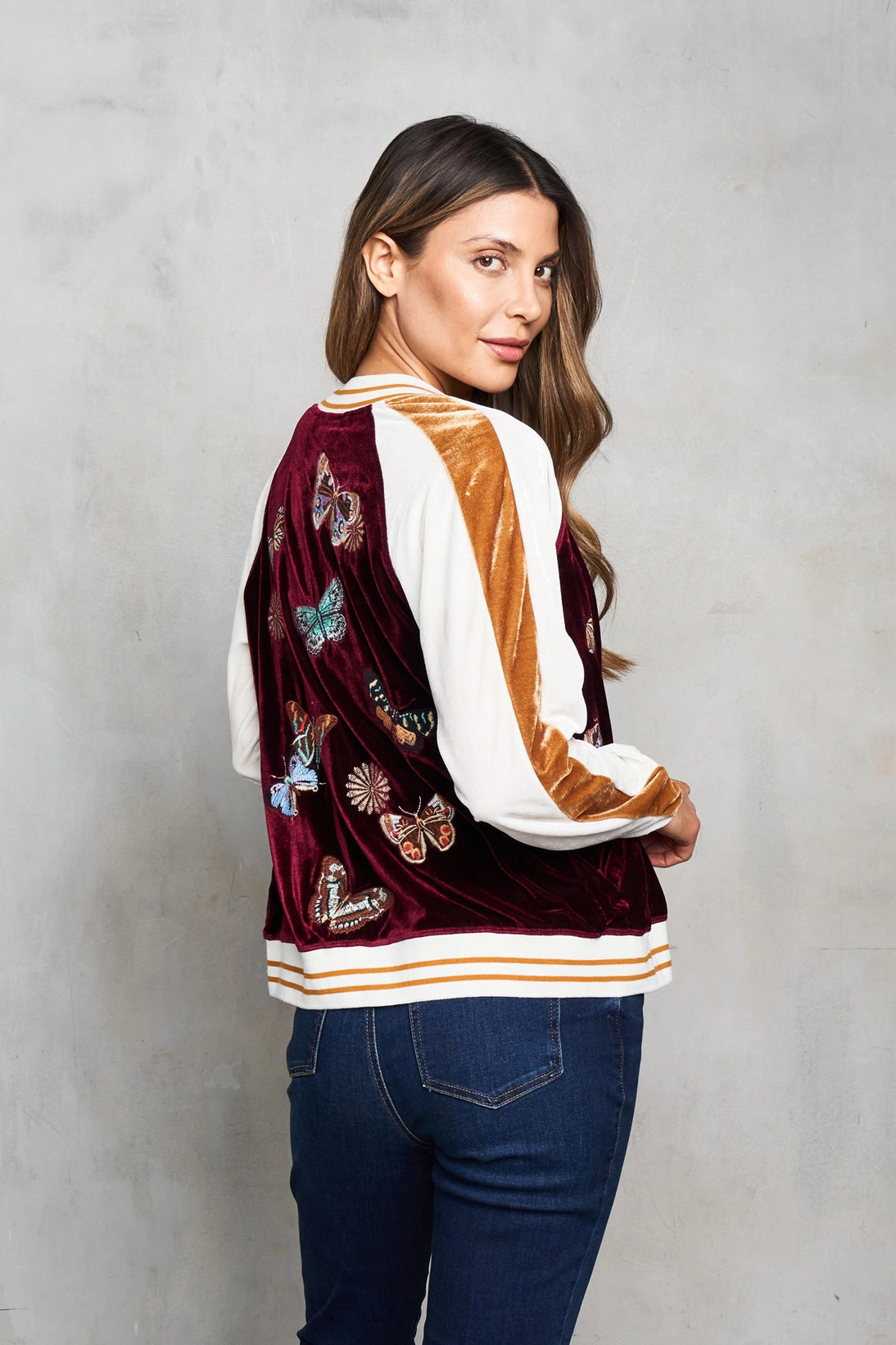 Embroidered Butterfly Bomber Baseball Velvet Jacket
