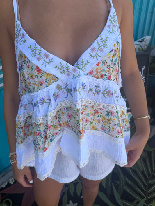 A-body Flared Fit Double Gauze Floral Embroidery Sleeveless