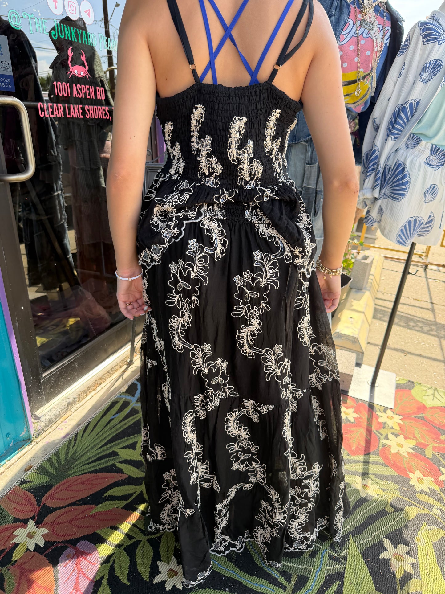 Embroidered Viscose Smocked Waistband Maxi Skirt