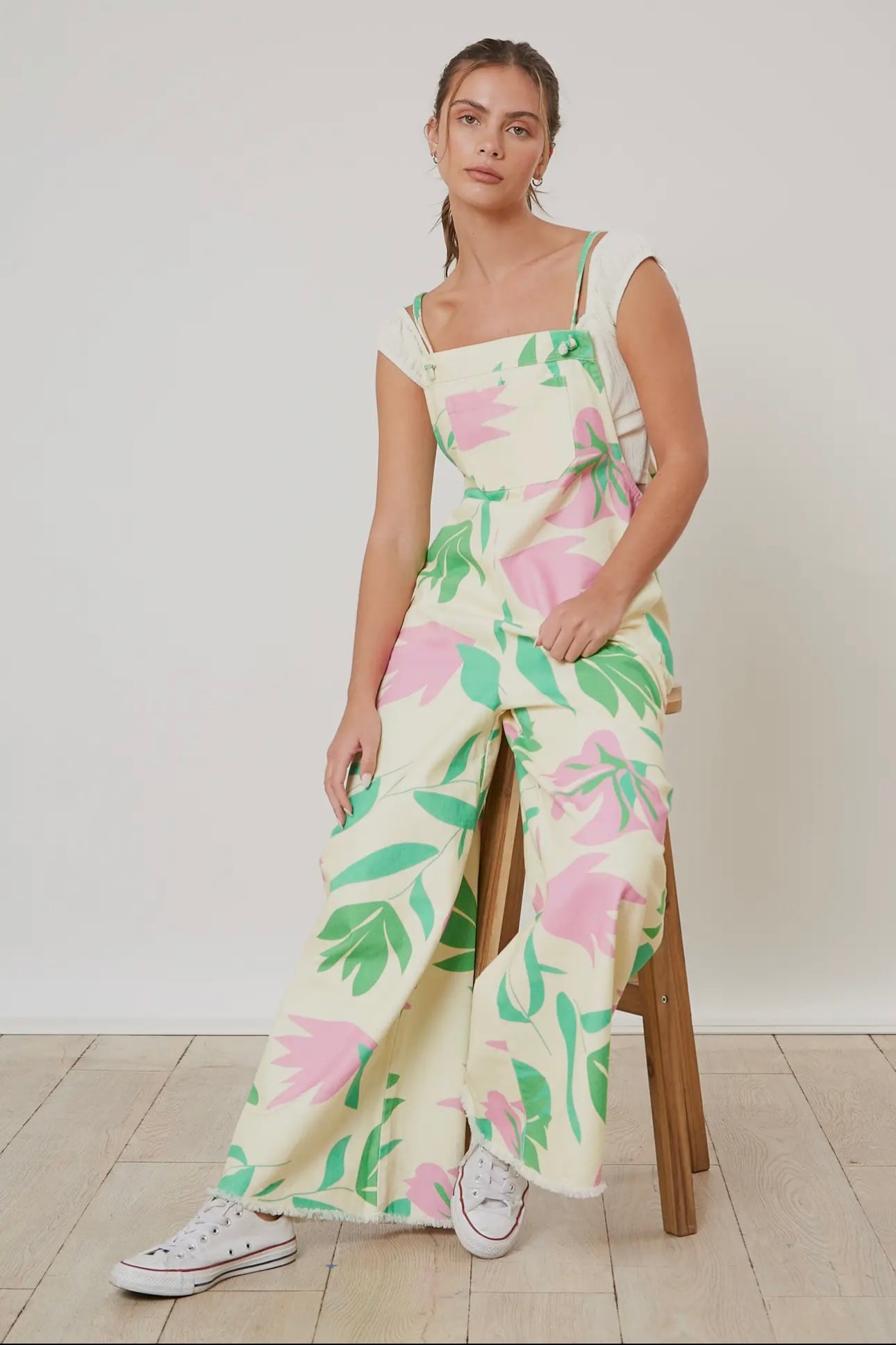 Tropical Print Denim Jumpsuit Overalls