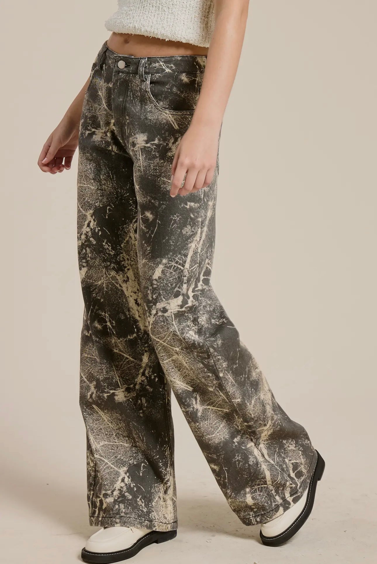 Grunge Splatter Print Wide Leg Denim Jean Pants