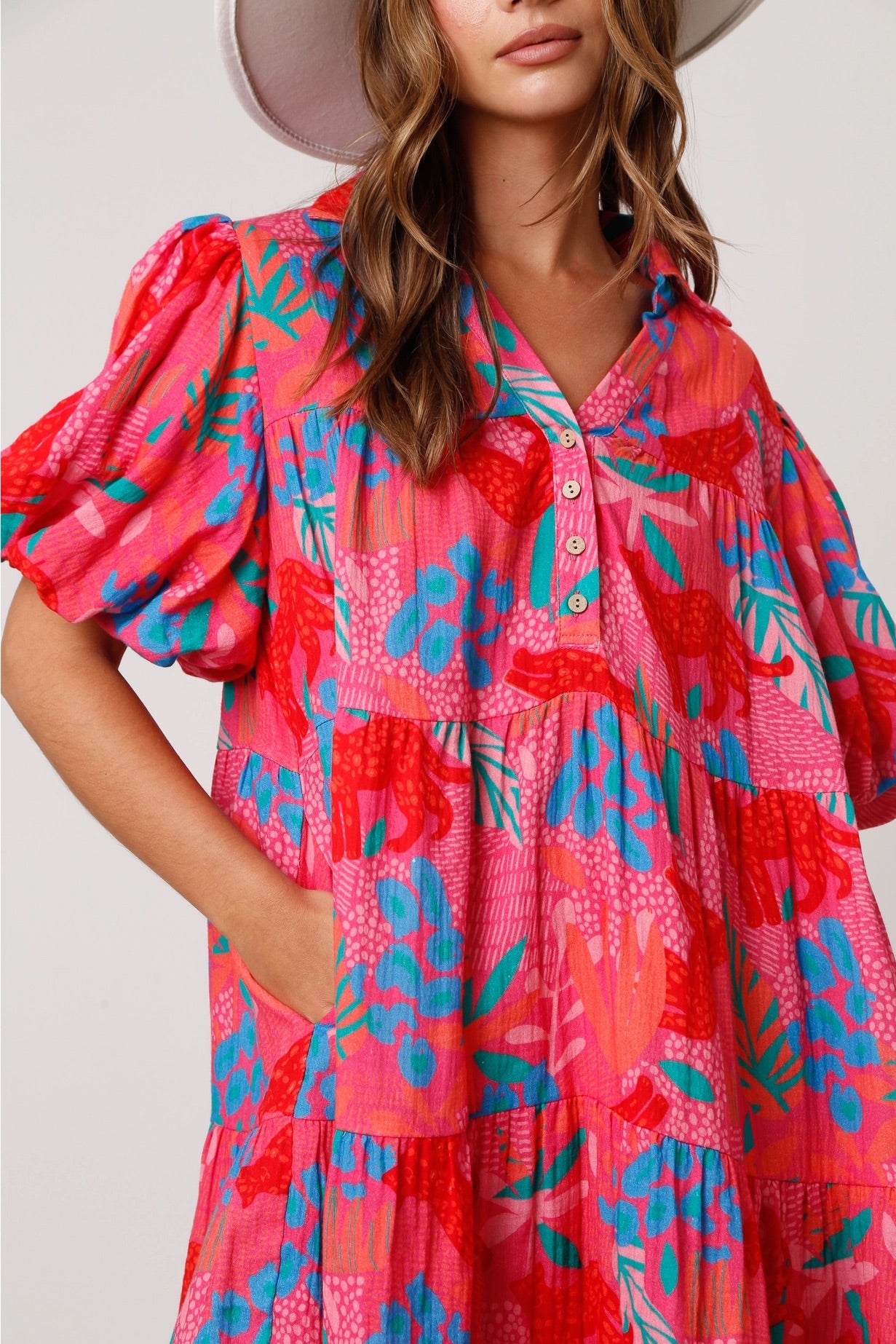 Cotton Gauze Cheetah Tropical Print Dress