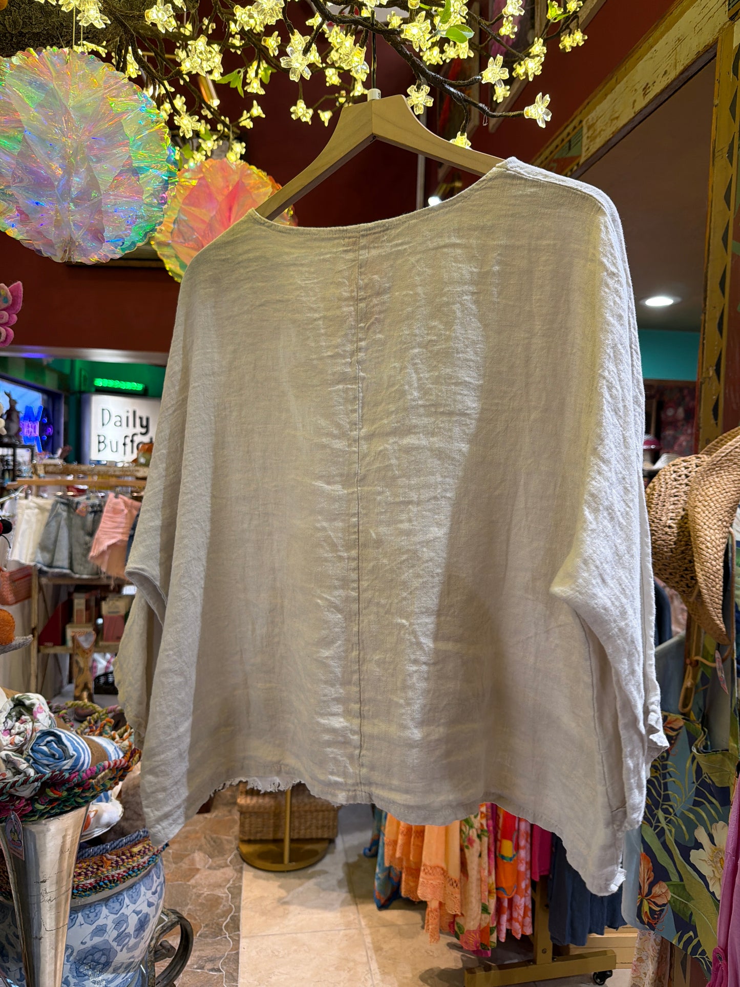 Beige Cropped Frayed Edge Linen Blouse