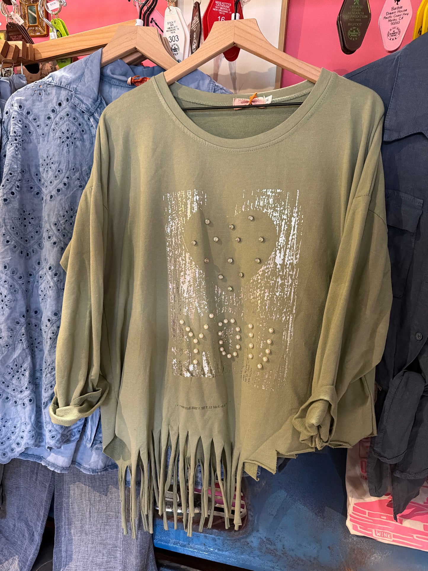 I Love You Green Pearl and Rhinestone Distressed Sweatshirt