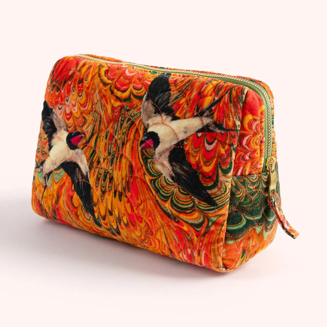 Quilted Large Cosmetic Bag - Marbled Swallows