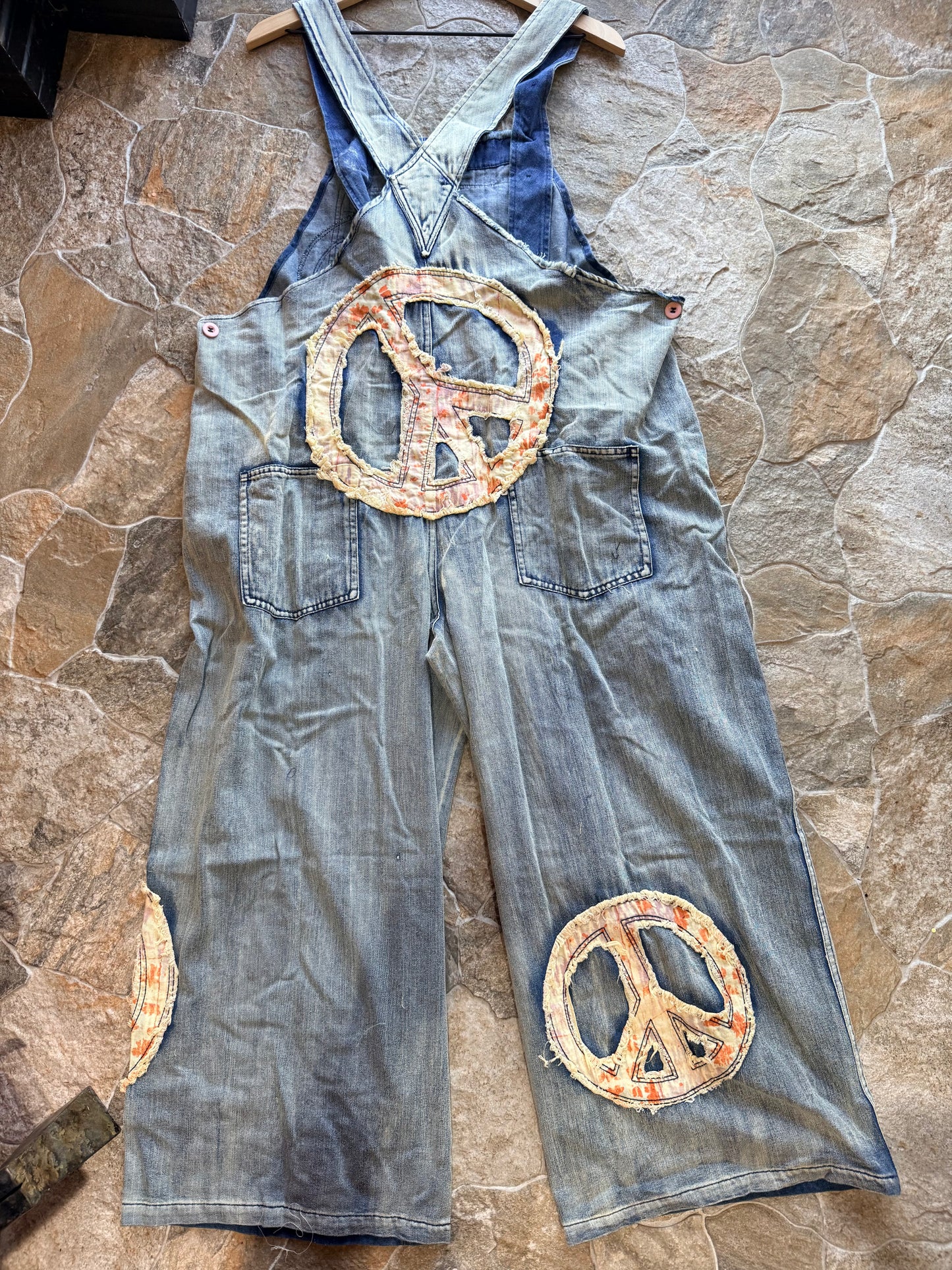 Peace Embroidered Patchwork Overalls