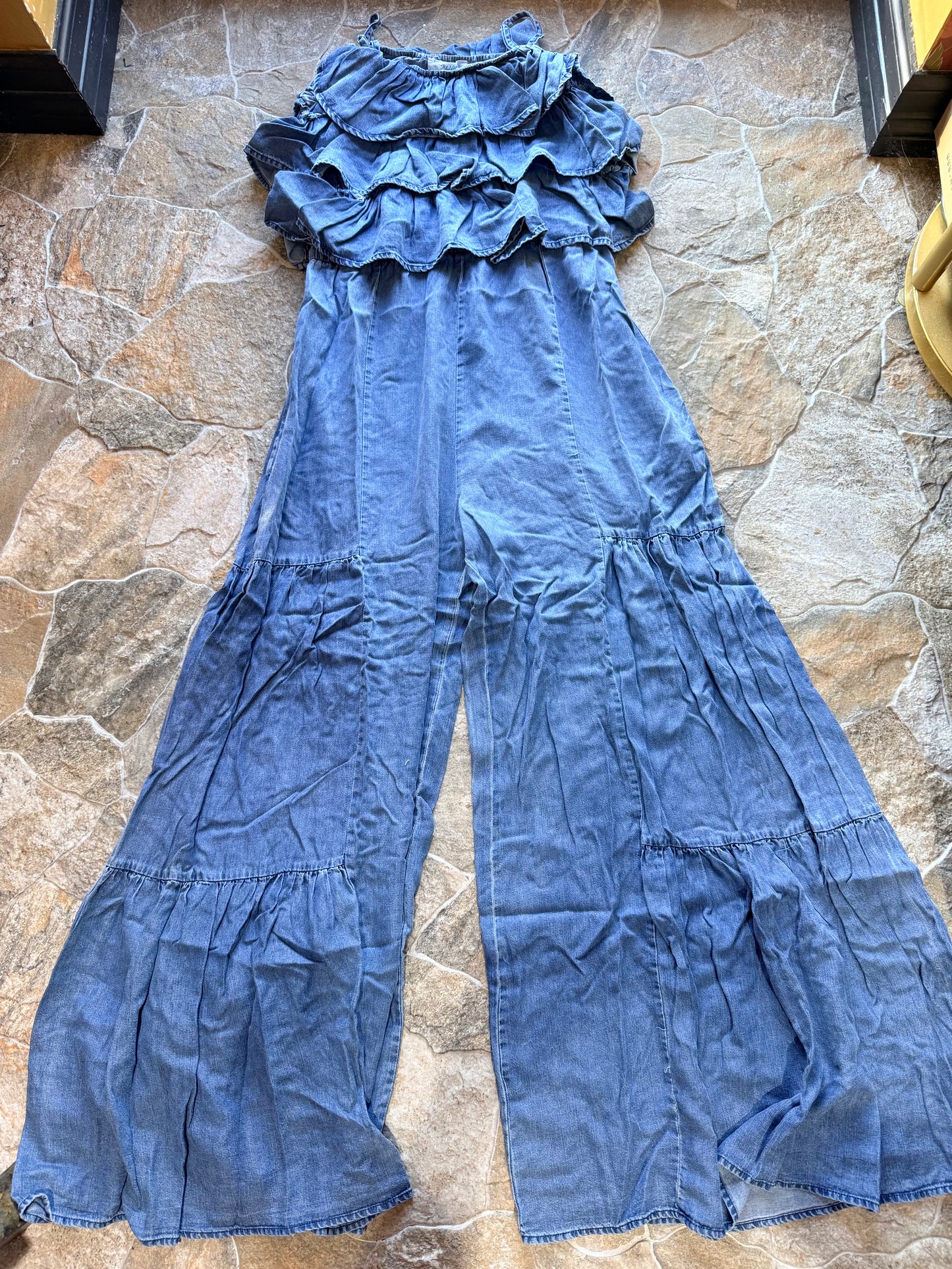 Spaghetti Strap Ruffle Denim Jumpsuit