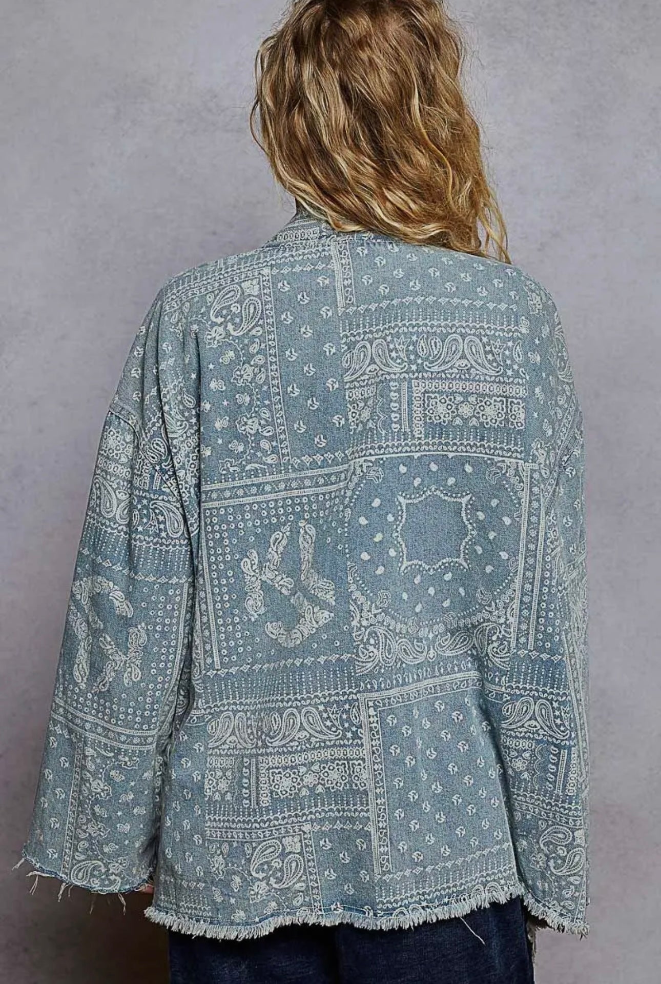 Long Sleeve Denim Bandana Print Short Kimono