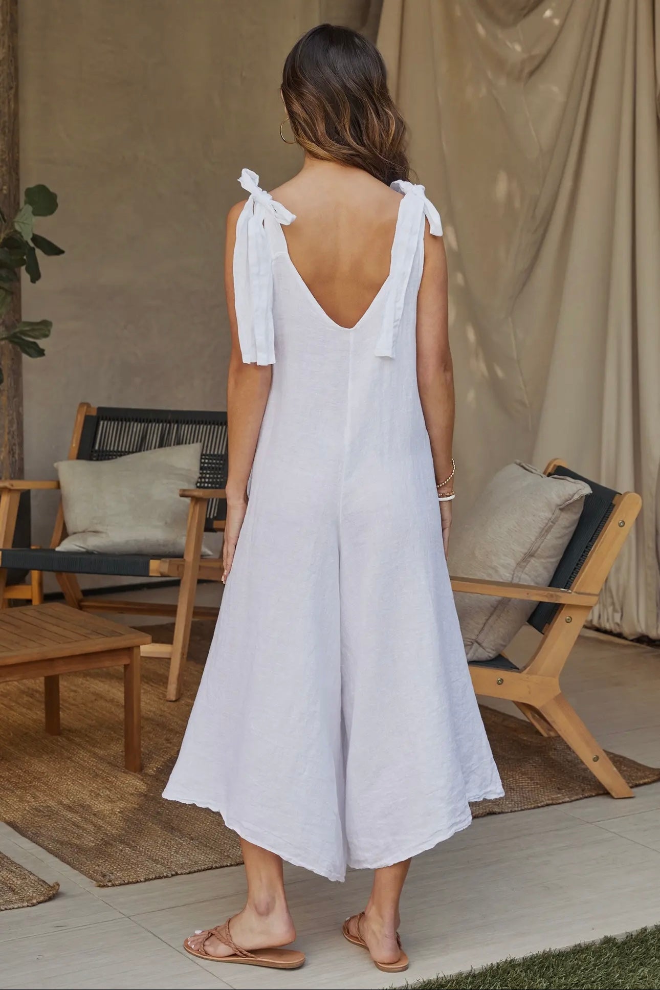 White Linen Romper Jumpsuit with Tie Shoulders