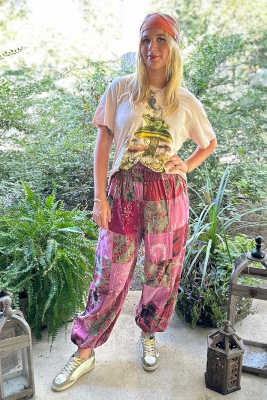 Patchwork Balloon Pant with Smocked Waist