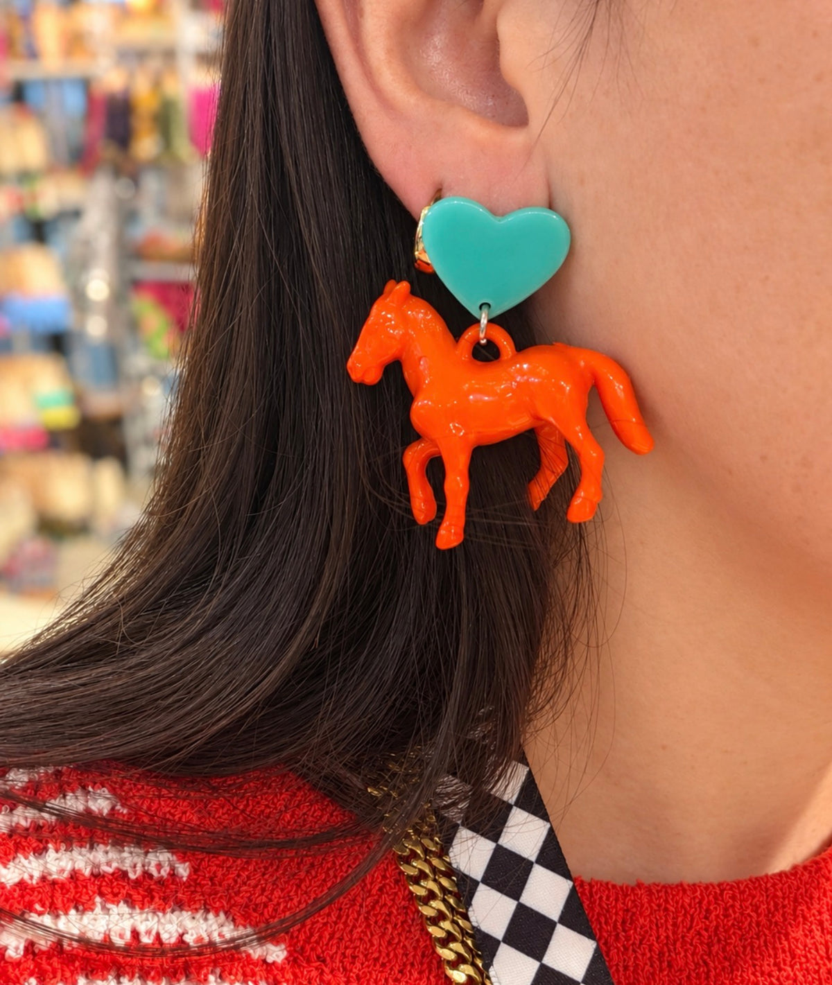 Orange And Blue Heart Pony Earrings