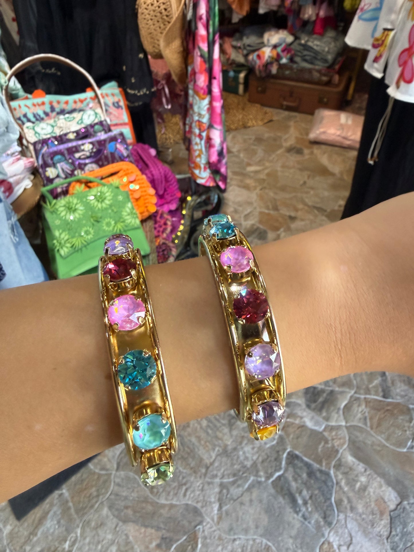 Skinny Gold Magenta And Blue Jeweled Bracelet