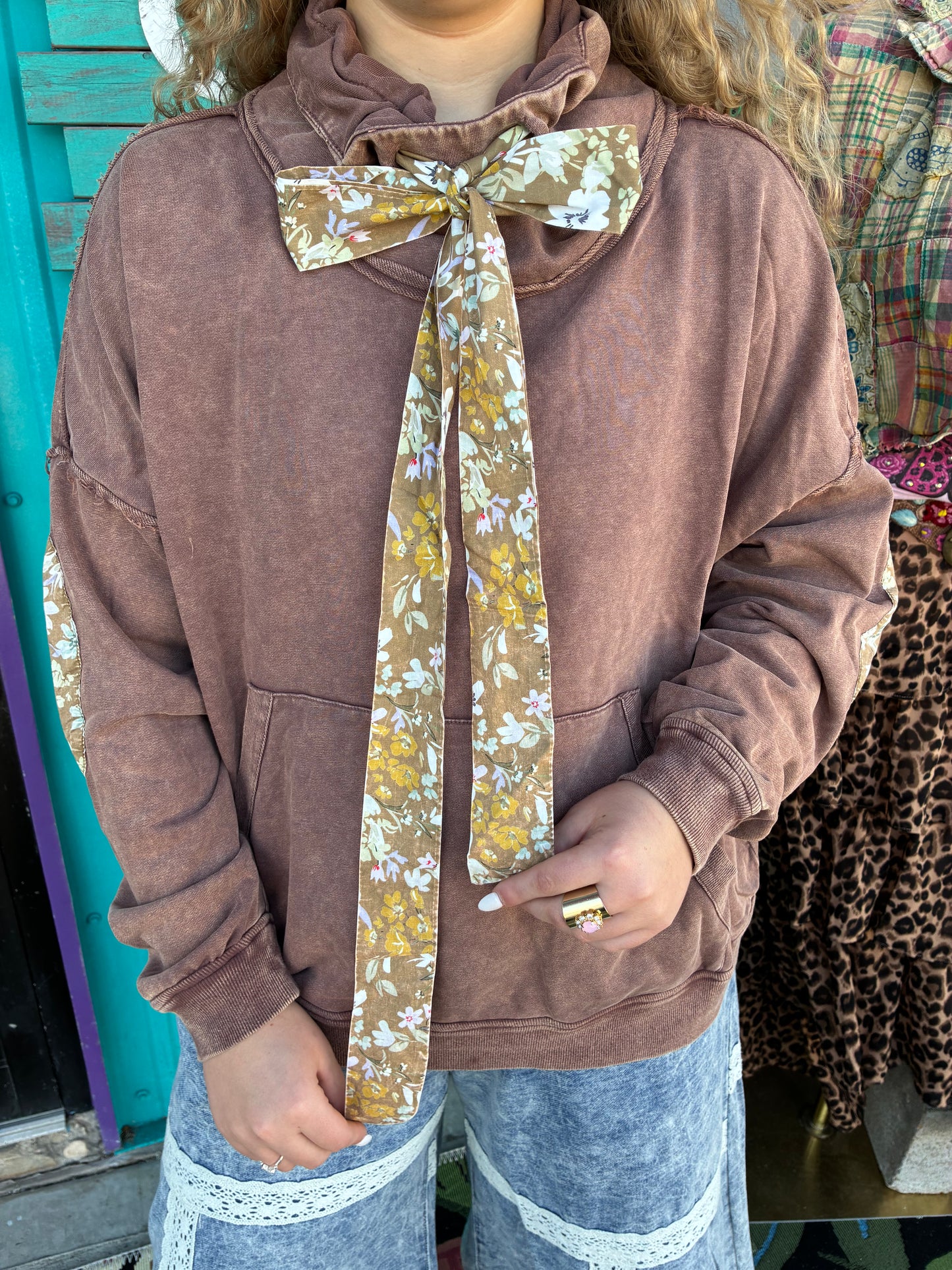 Floral Patch Loose Turtle Neck Sweater Top