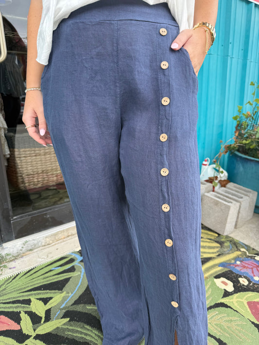 Navy Linen Palazzo Pants with Buttons
