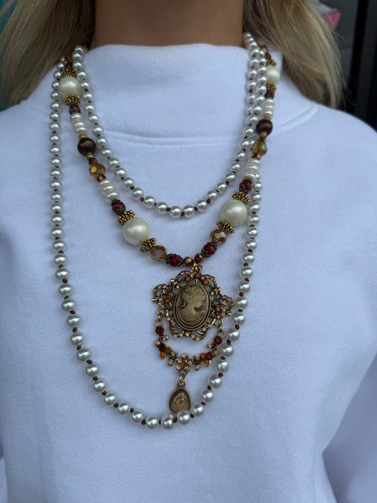 Triple Pearl Vintage Cameo Necklace