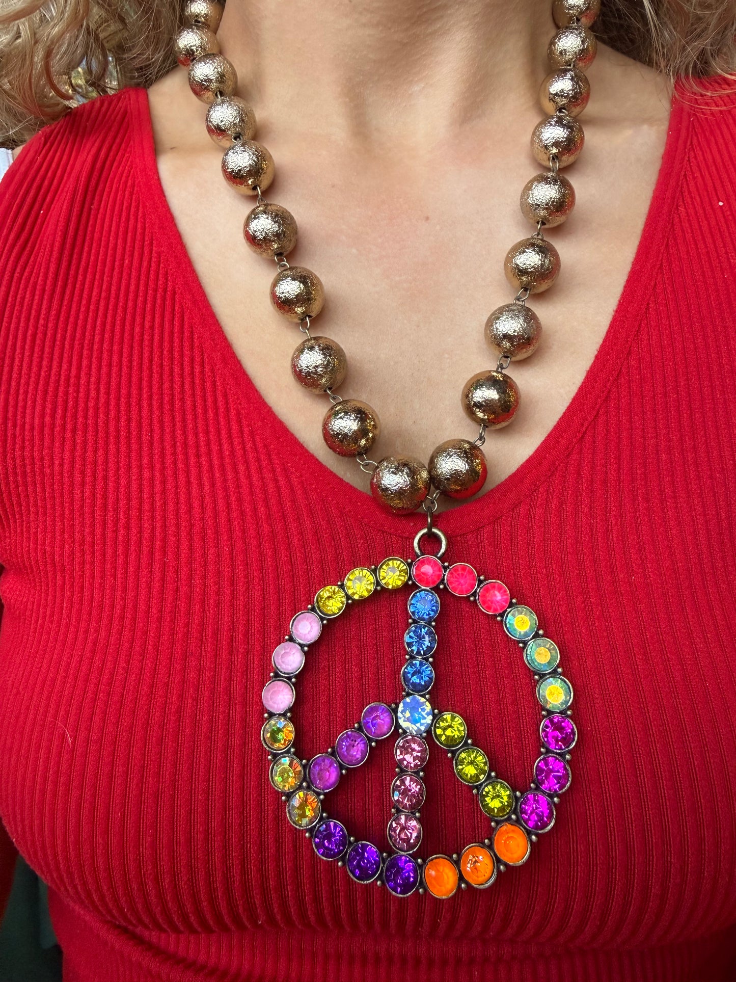 Multi Color Peace Sign Necklace w/ Gold Beaded Chain