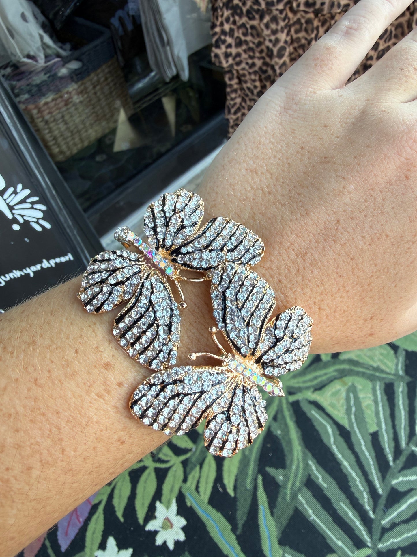 Rhinestone Embellished Double Butterfly Hinged Bangle Bracelet