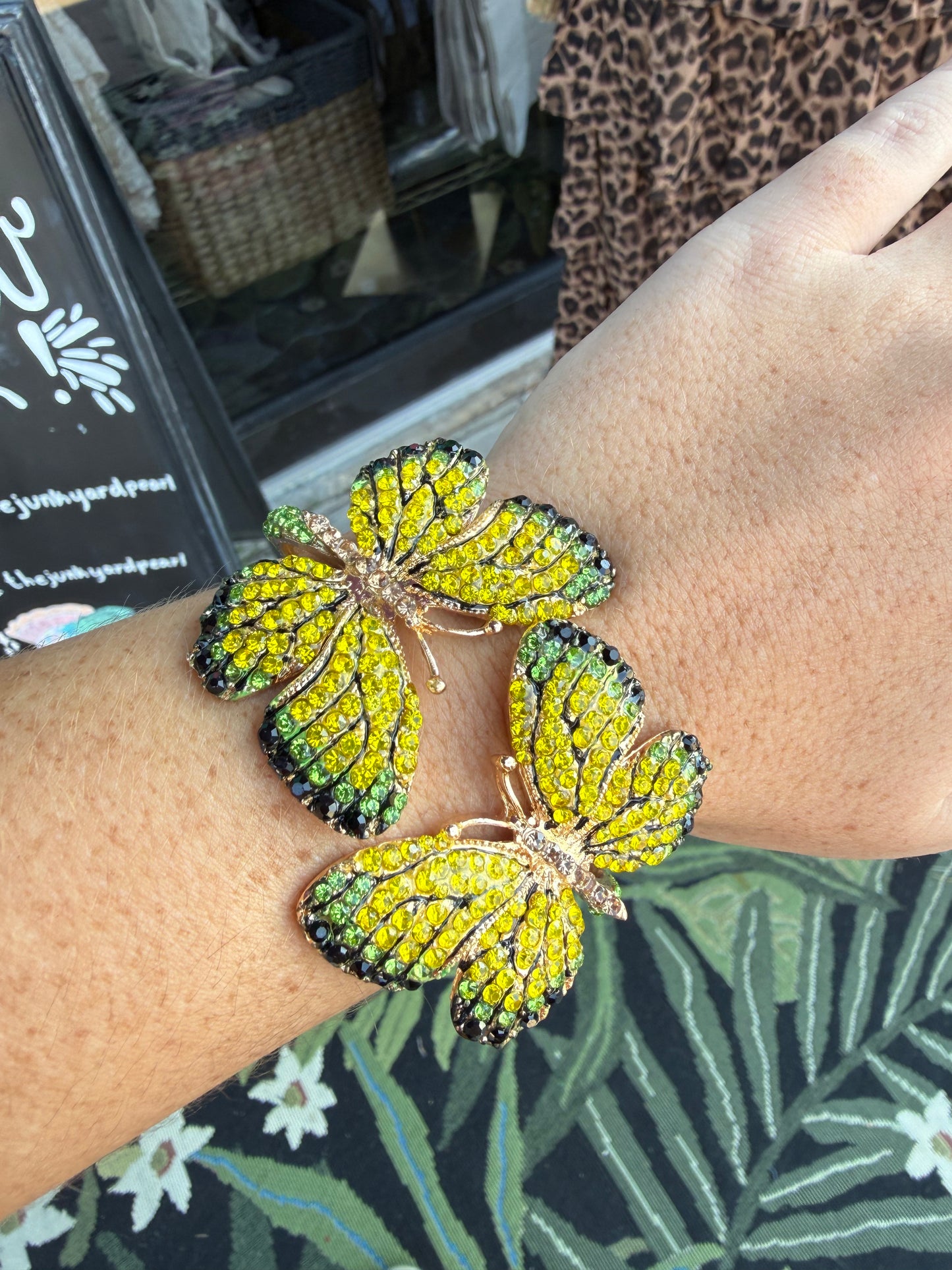 Rhinestone Embellished Double Butterfly Hinged Bangle Bracelet