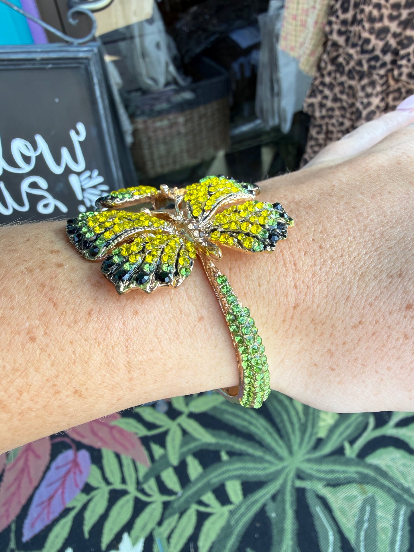 Rhinestone Embellished Double Butterfly Hinged Bangle Bracelet