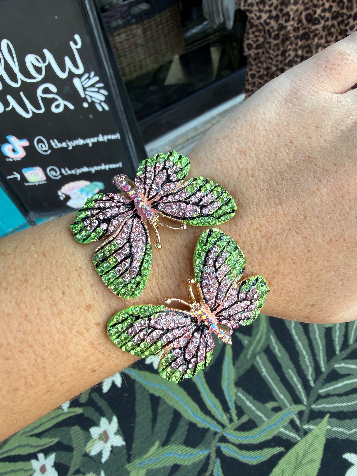 Rhinestone Embellished Double Butterfly Hinged Bangle Bracelet