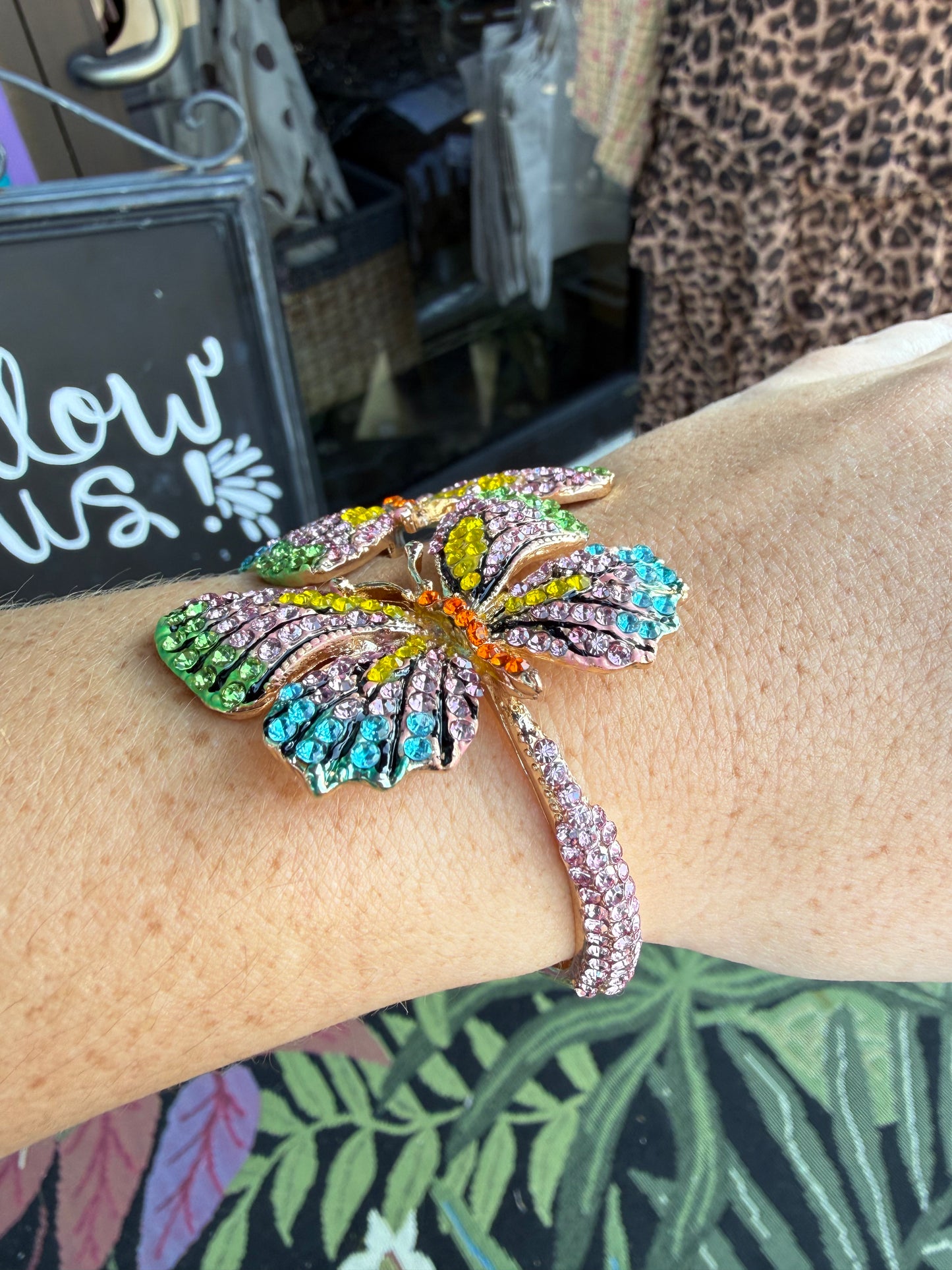 Rhinestone Embellished Double Butterfly Hinged Bangle Bracelet