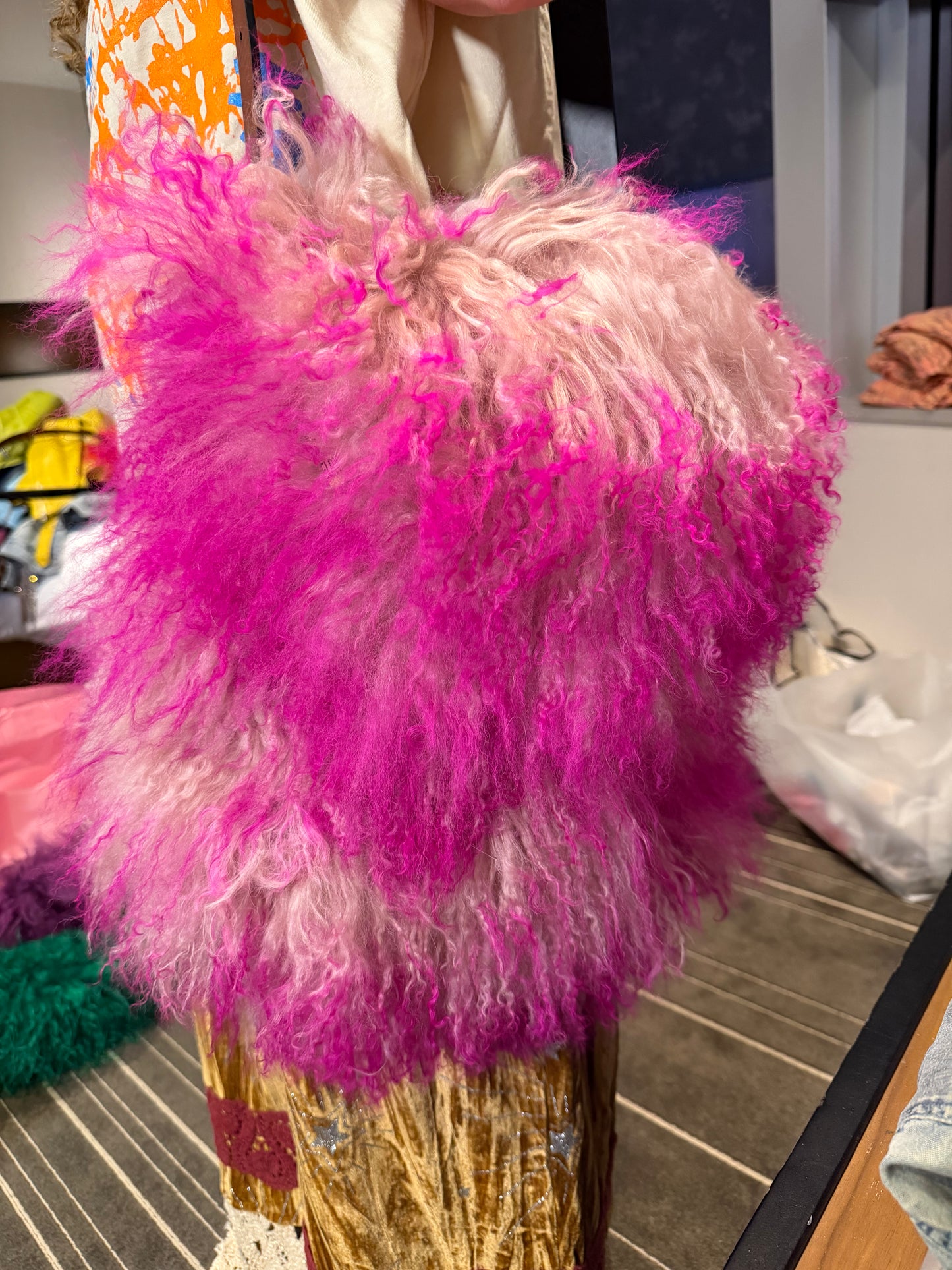 Tibetan Lamb Fur Purse(Fusia &pink)