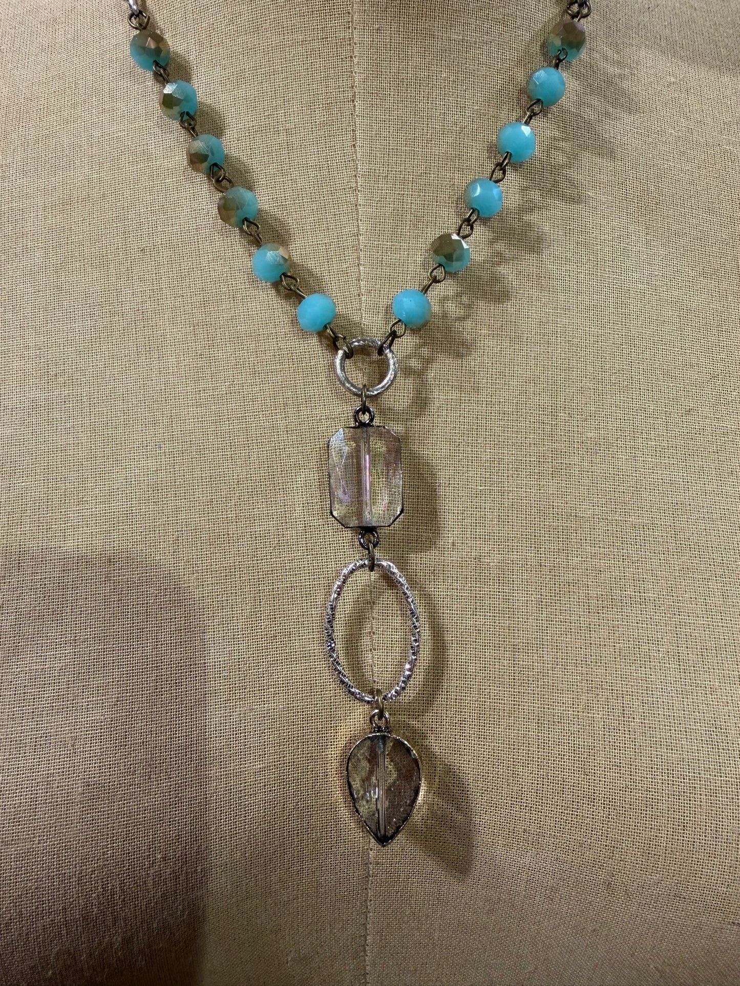 Blue Bead Clear Drop Necklace