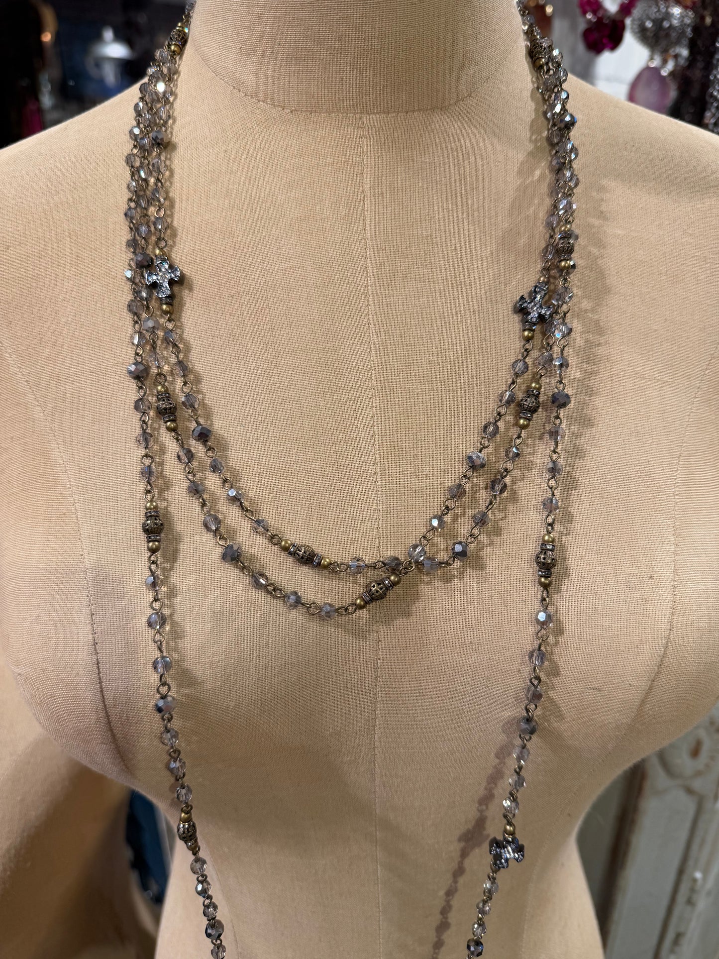 Grey Beaded With Cross Necklace