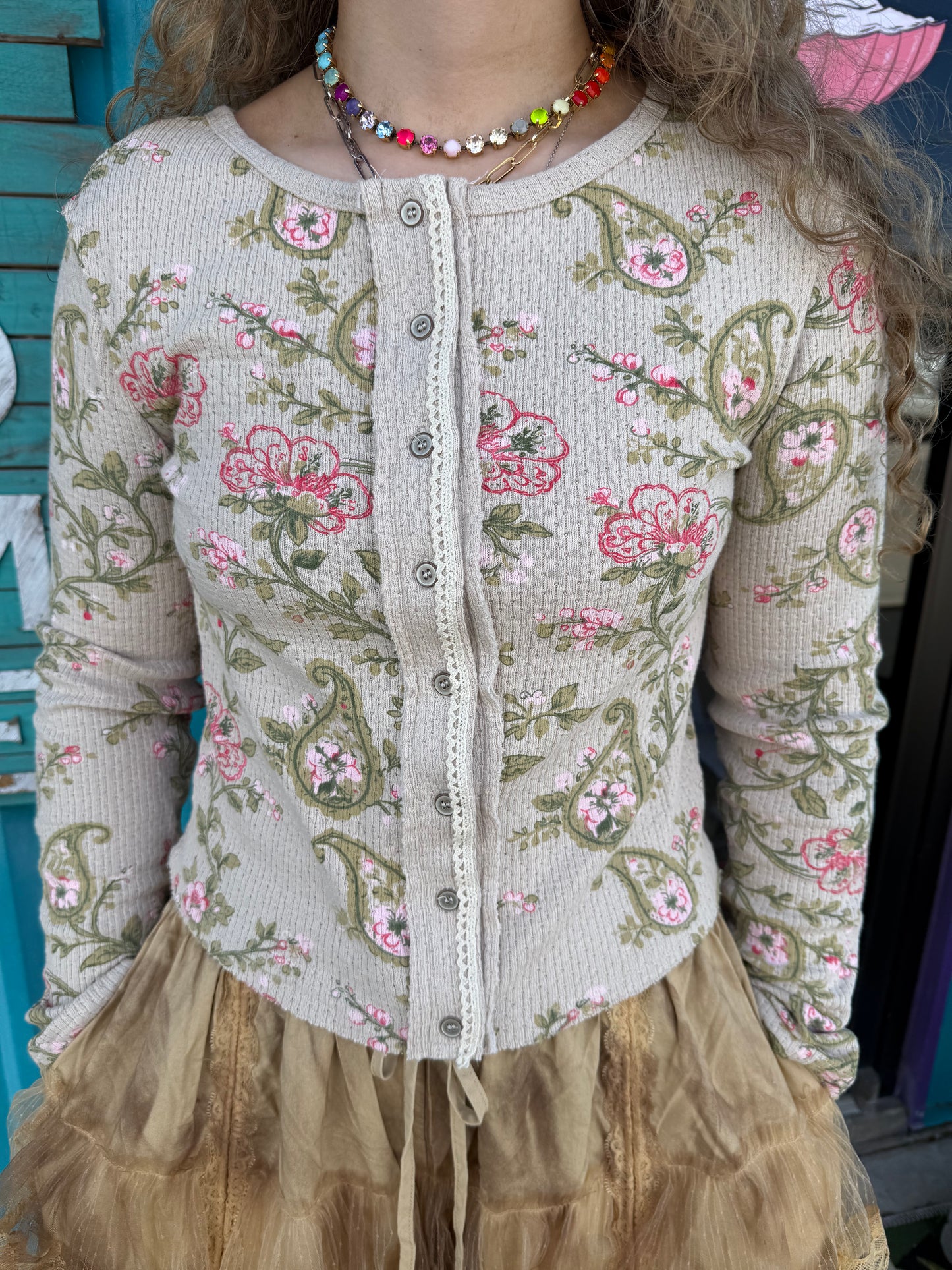 Vintage Floral Botanical Print Ribbed Knit Button Cardigan
