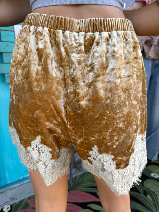 CRUSHED VELVET LACE TRIM SHORTS