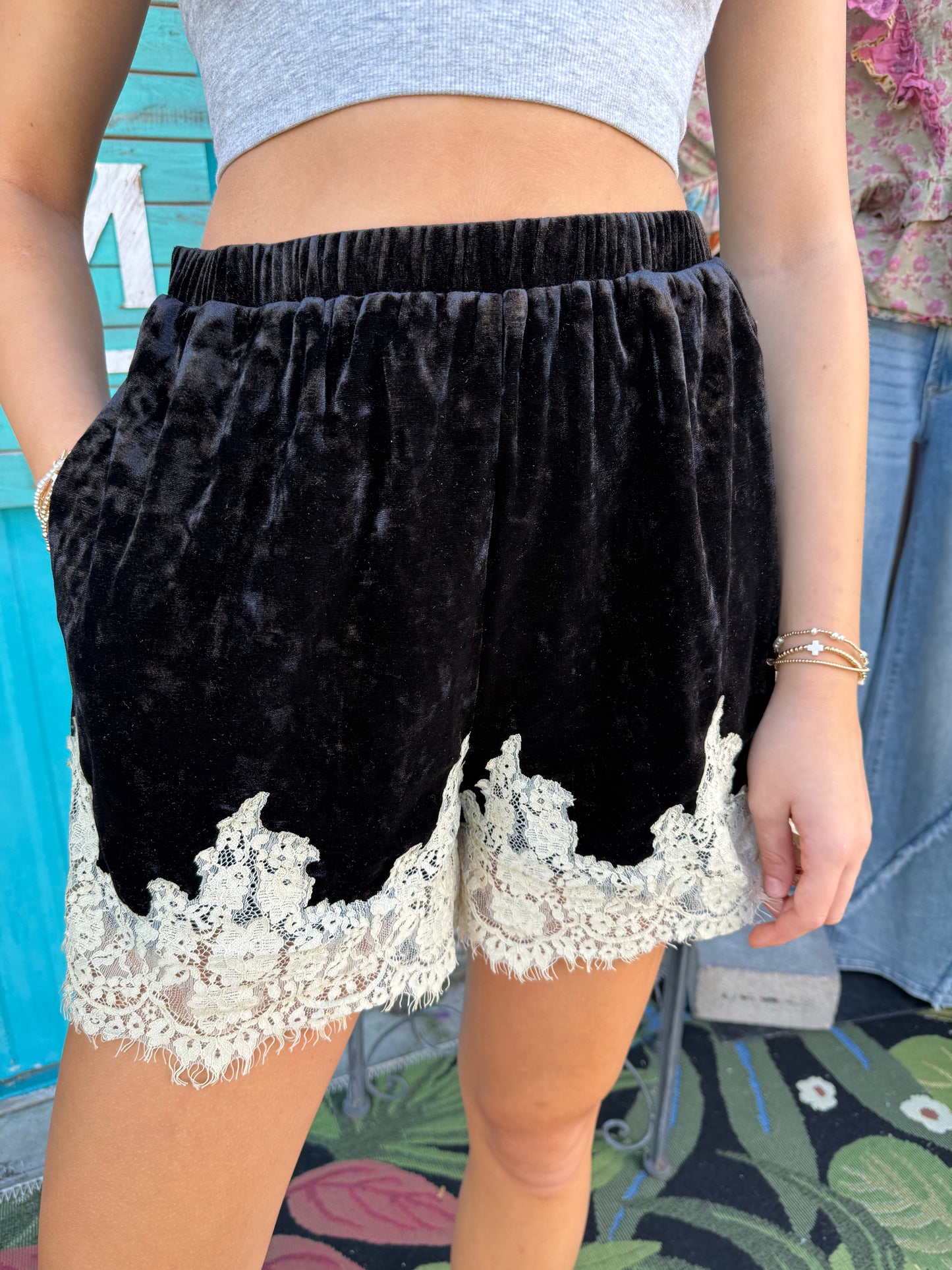 CRUSHED VELVET LACE TRIM SHORTS