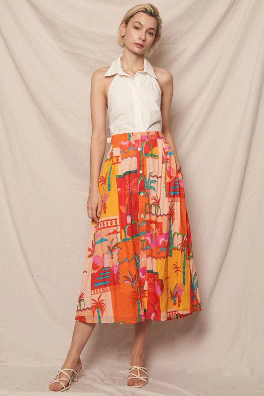 Tropical Button Down Midi Skirt