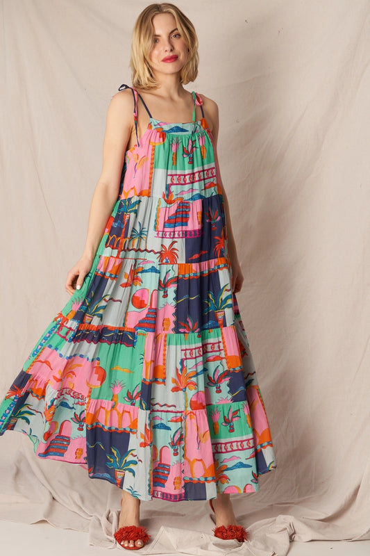 Vibrant Geometric Tropic Tiered Maxi Dress