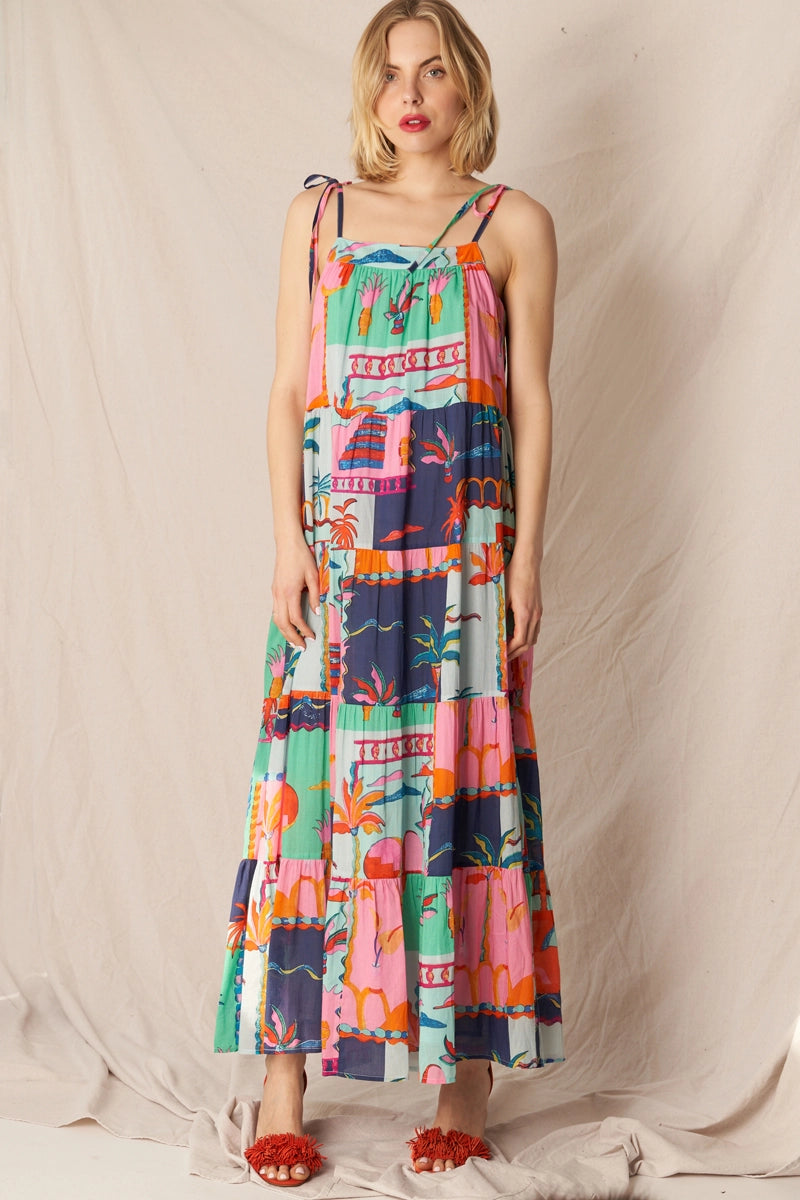 Vibrant Geometric Tropic Tiered Maxi Dress