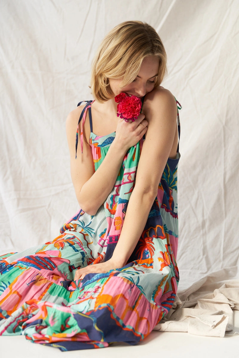 Vibrant Geometric Tropic Tiered Maxi Dress