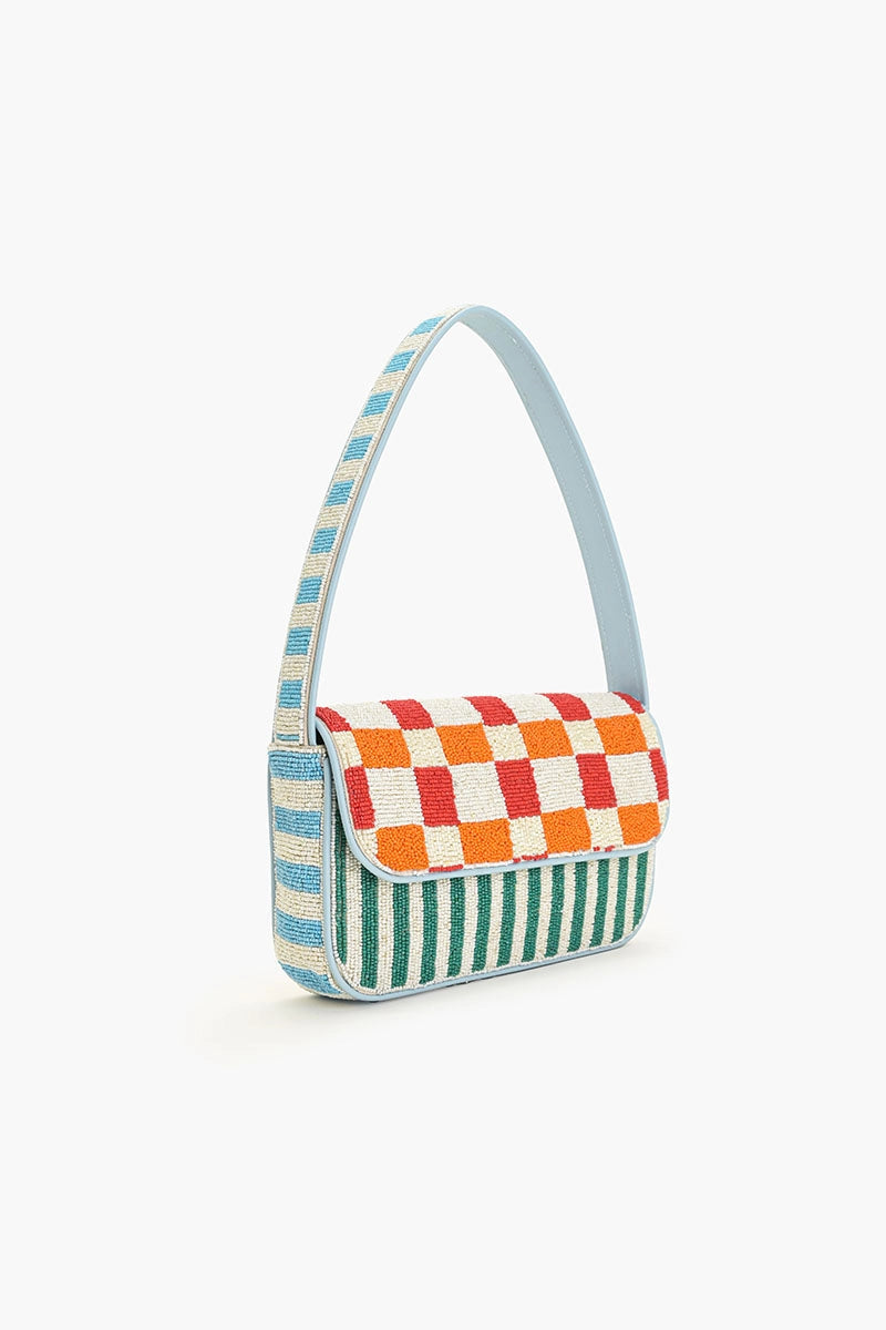Sunset Checkered Stripe Beaded Shoulder Purse