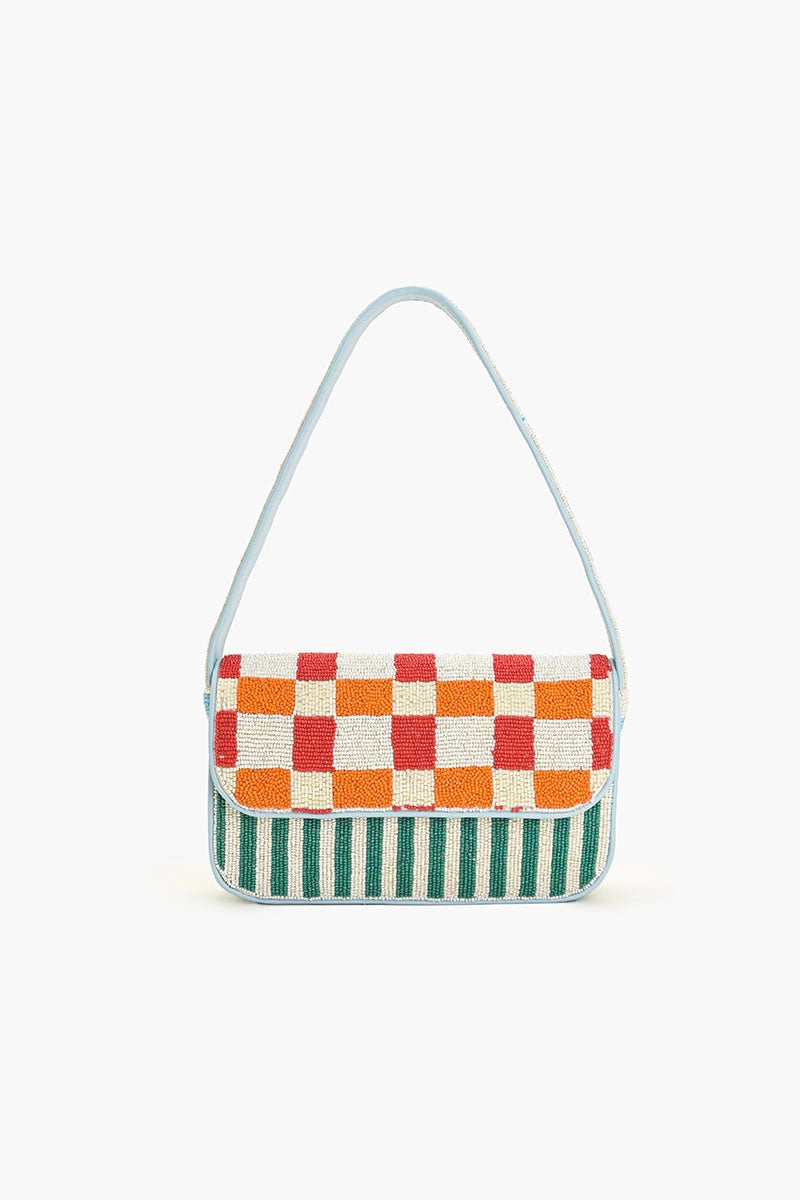Sunset Checkered Stripe Beaded Shoulder Purse