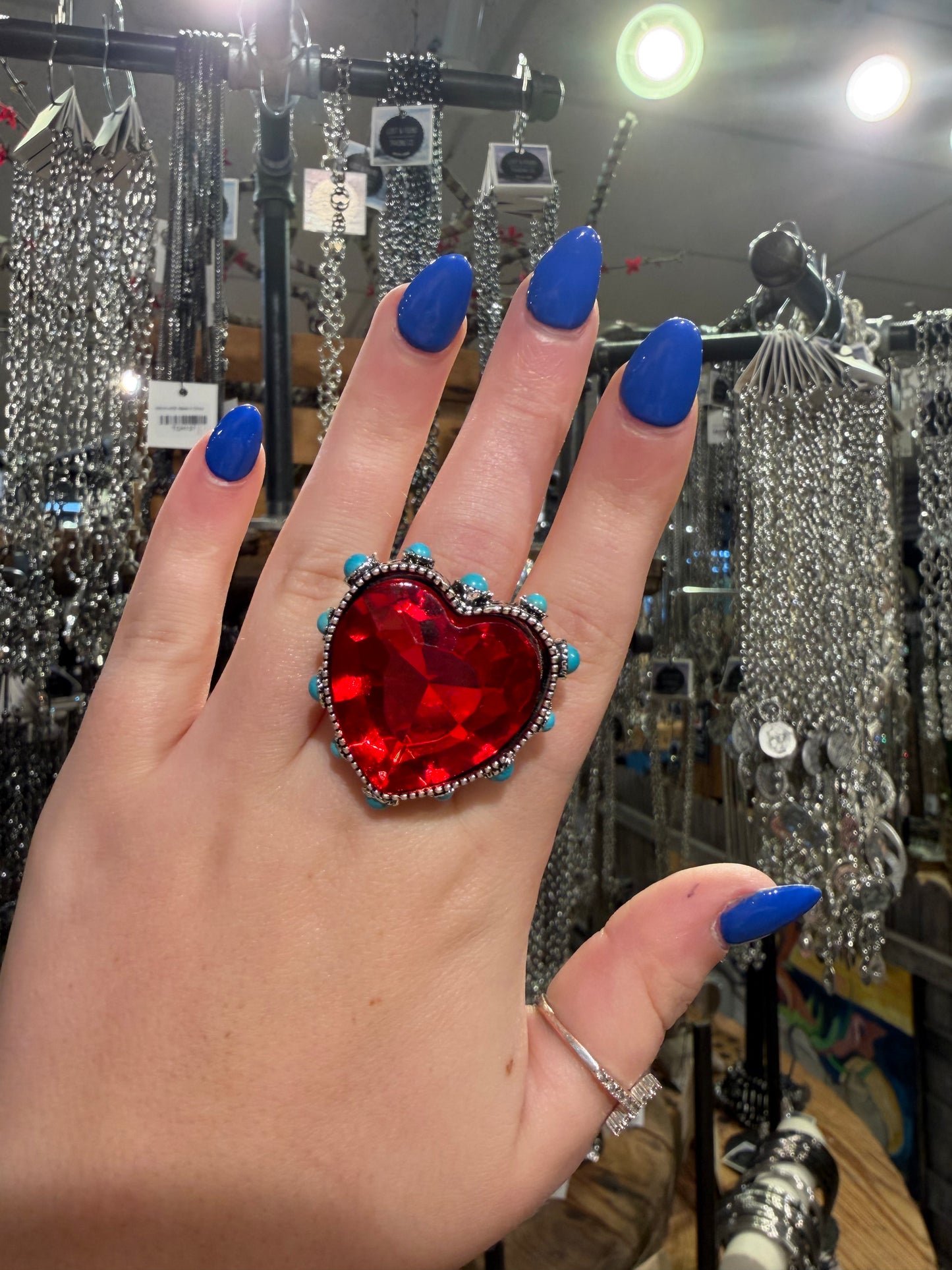 Red Crystal Heart Turquoise Trim Ring