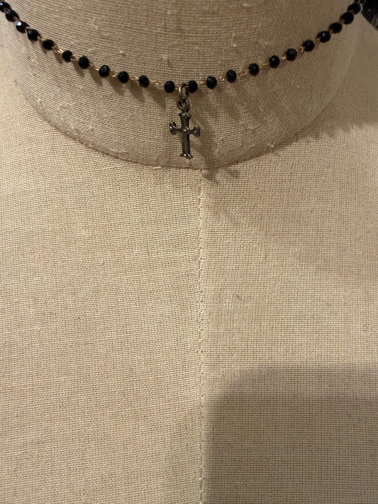 Mini Beaded Black Cross Choker