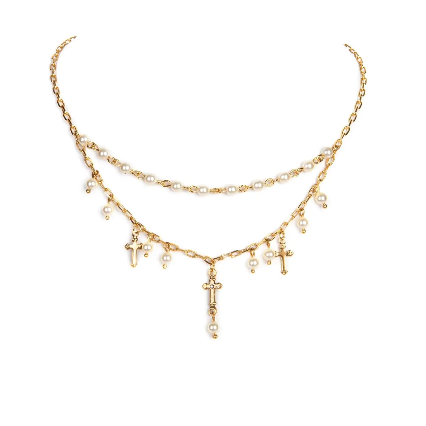 Cream and Pearl Esme Cross Necklace in Gold