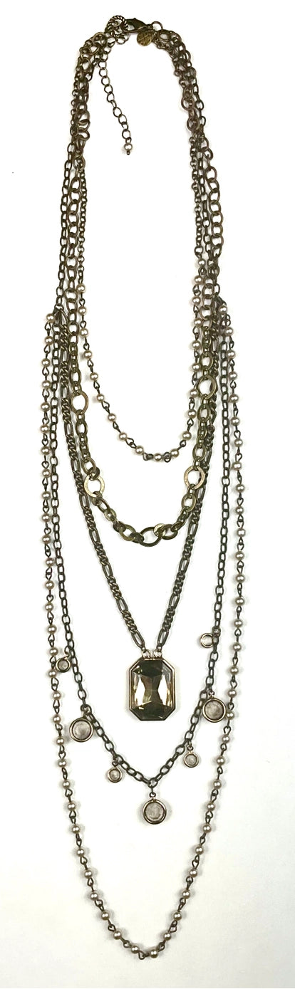 Multi Layer Chain, Pearl, Glass Vintage Style Necklace w Mixed Metals