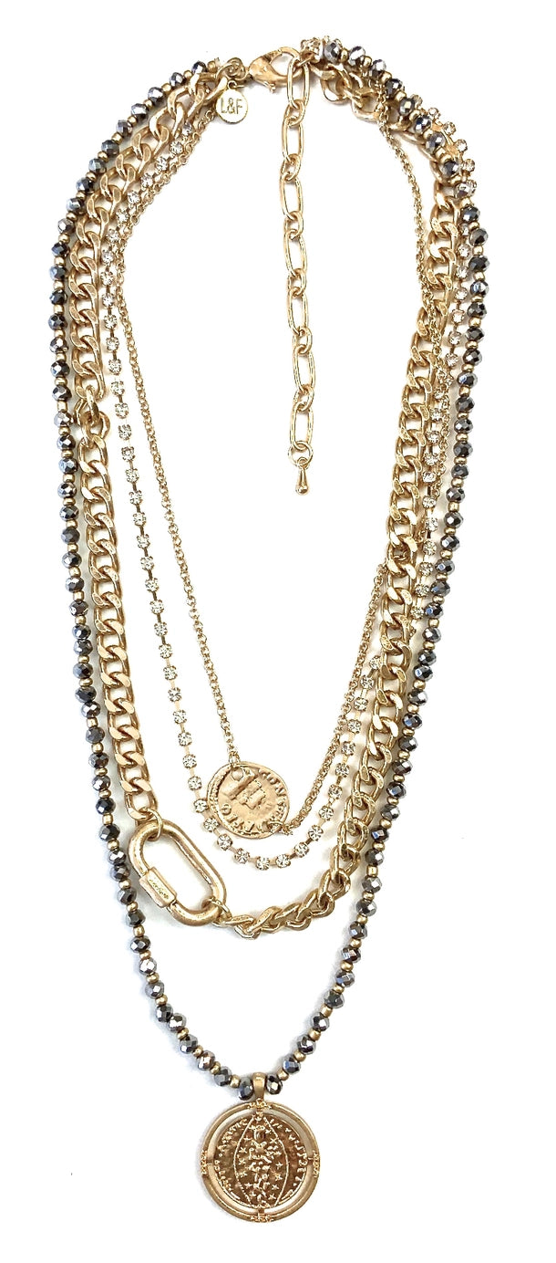 Betsy’s Best Gold Mixed Chains Layered & Faux Carabiner Pendant Necklace