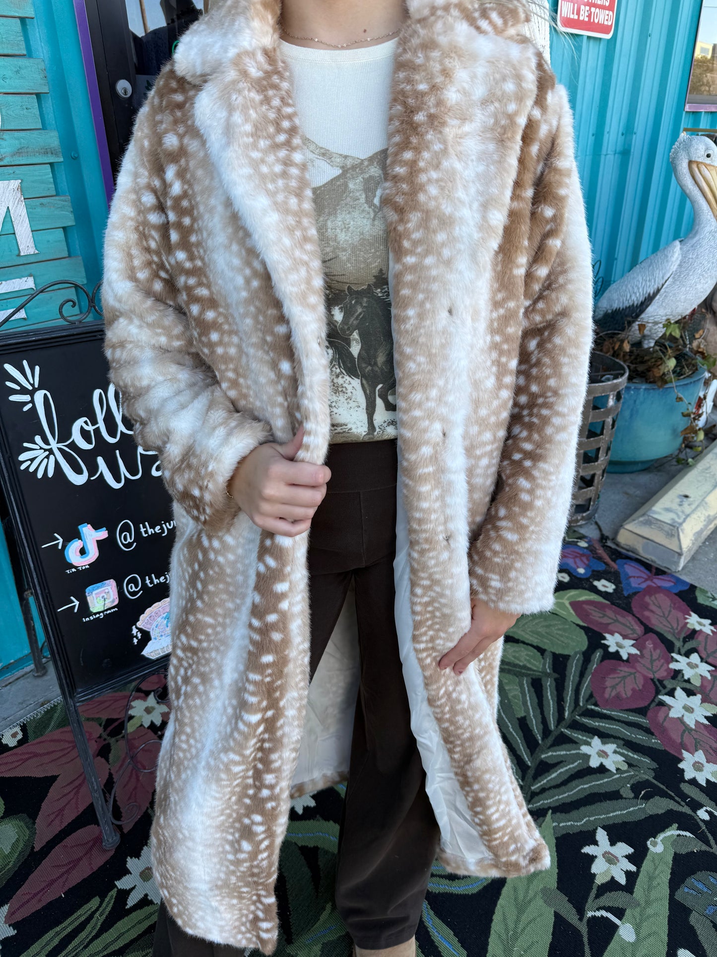 Deer Print Faux Fur Longline Maxi Coat