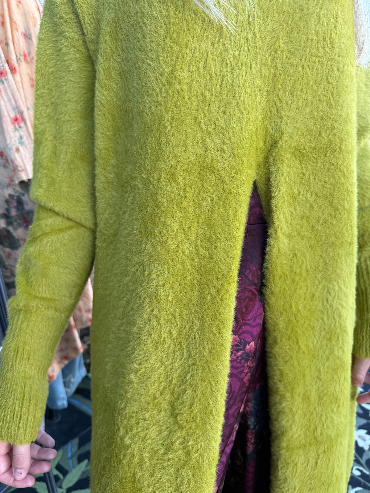 CHARTREUSE GREEN MOCK NECK SPLIT FRONT SWEATER