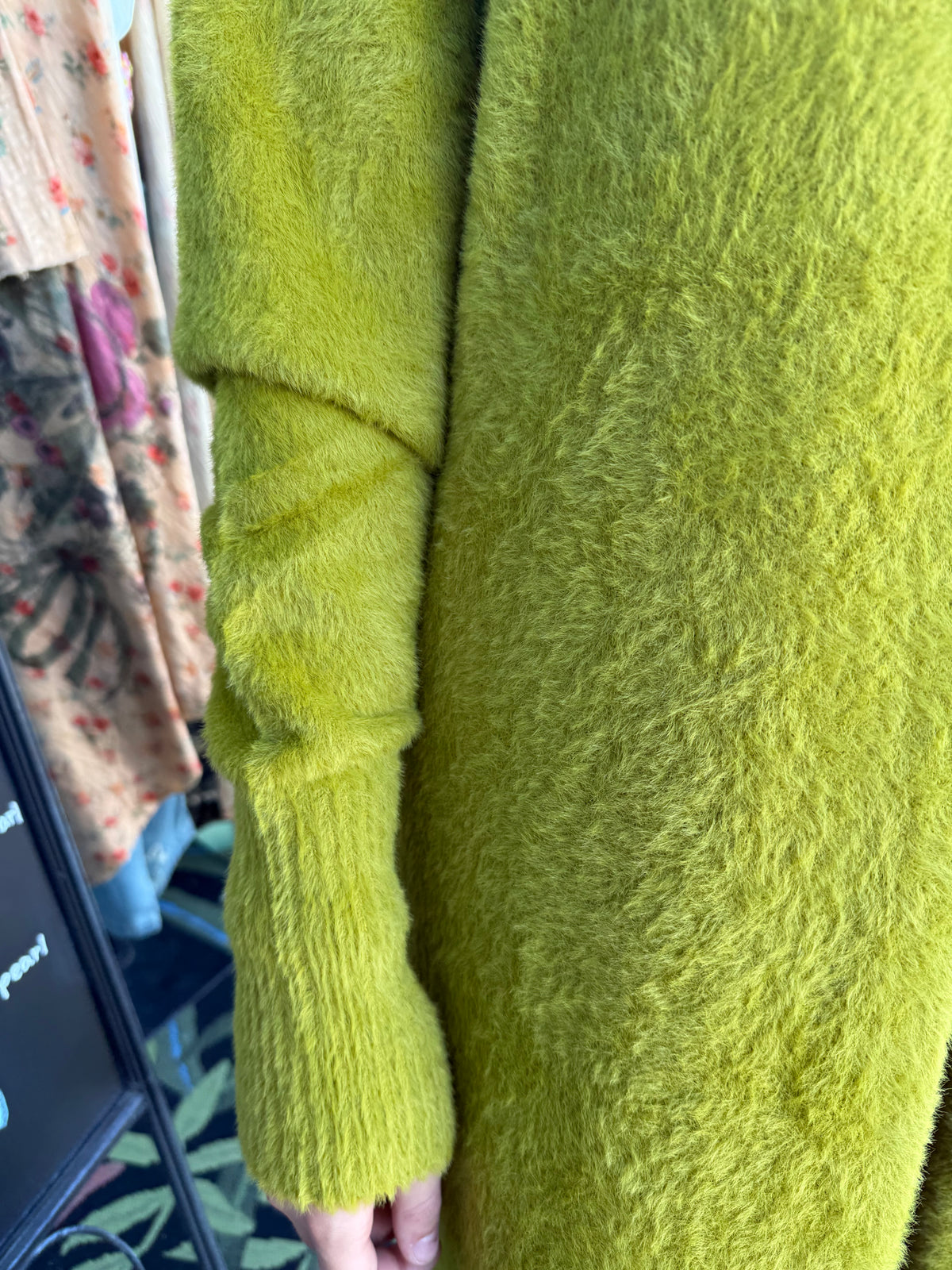 CHARTREUSE GREEN MOCK NECK SPLIT FRONT SWEATER