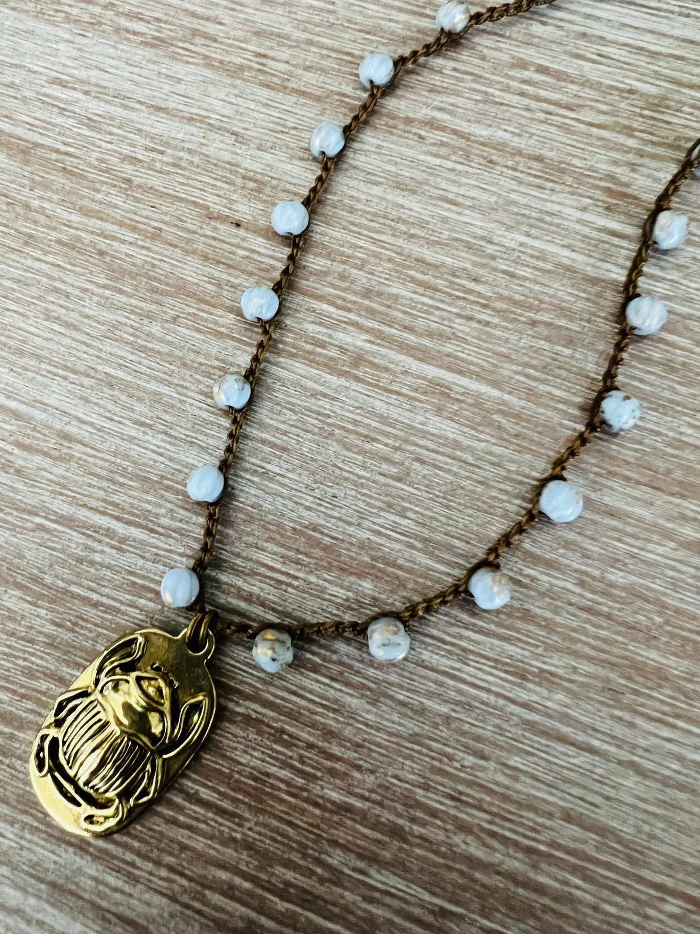 Golden Scarab Charm Necklace With Lavender Crystal Strand