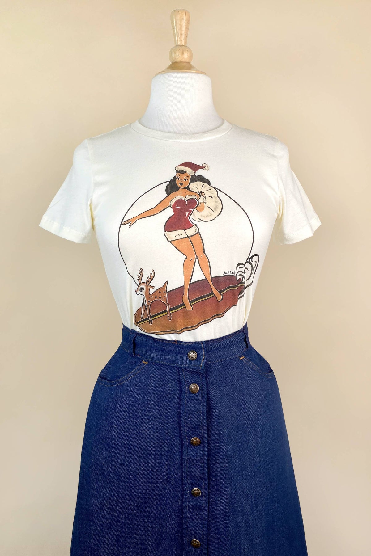 Santa's Surf Girl Fitted Tee in Ivory